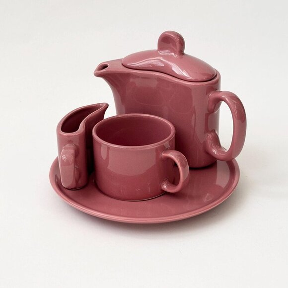 Midcentury Mauve | Pink Full Tea or Coffee w Sugar & Creamer Pottery Vintage Set - Picture 1 of 9